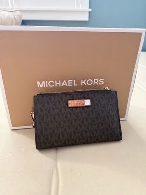 Michael Kors Brown MK Logo Zip Wristlet with Gold Plate